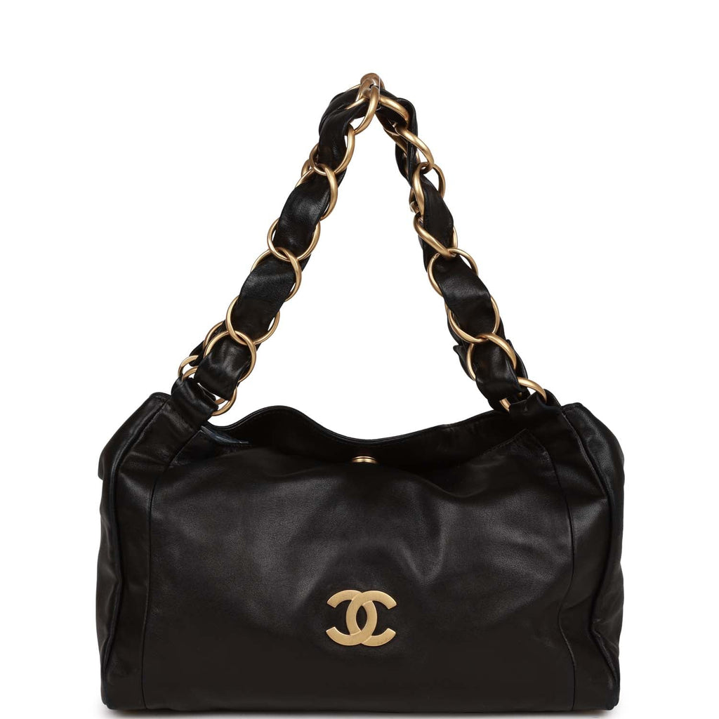 Chanel Vintage "Olsen" Hobo Shoulder Bag Black Lambskin Brushed Gold Hardware