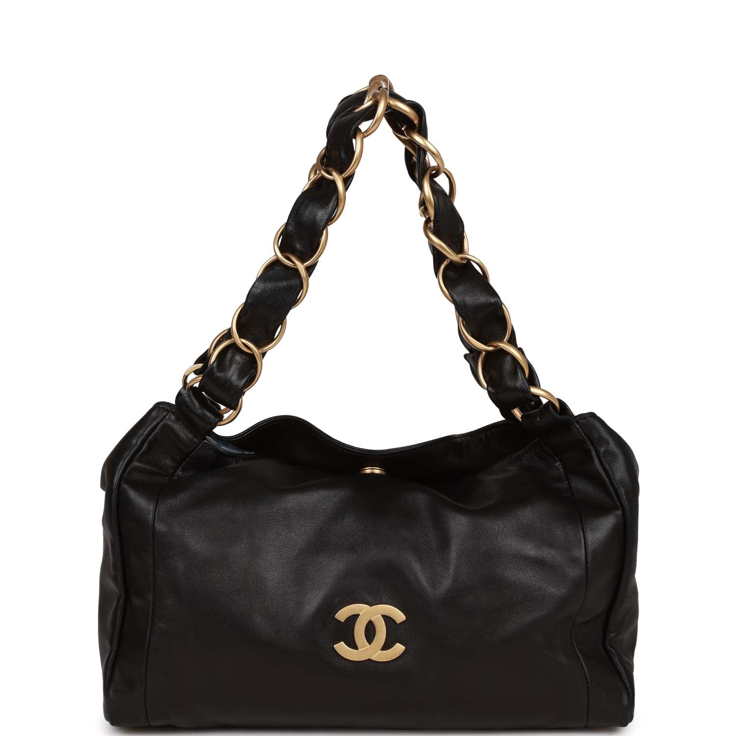 Chanel Vintage "Olsen" Hobo Shoulder Bag Black Lambskin Brushed Gold Hardware