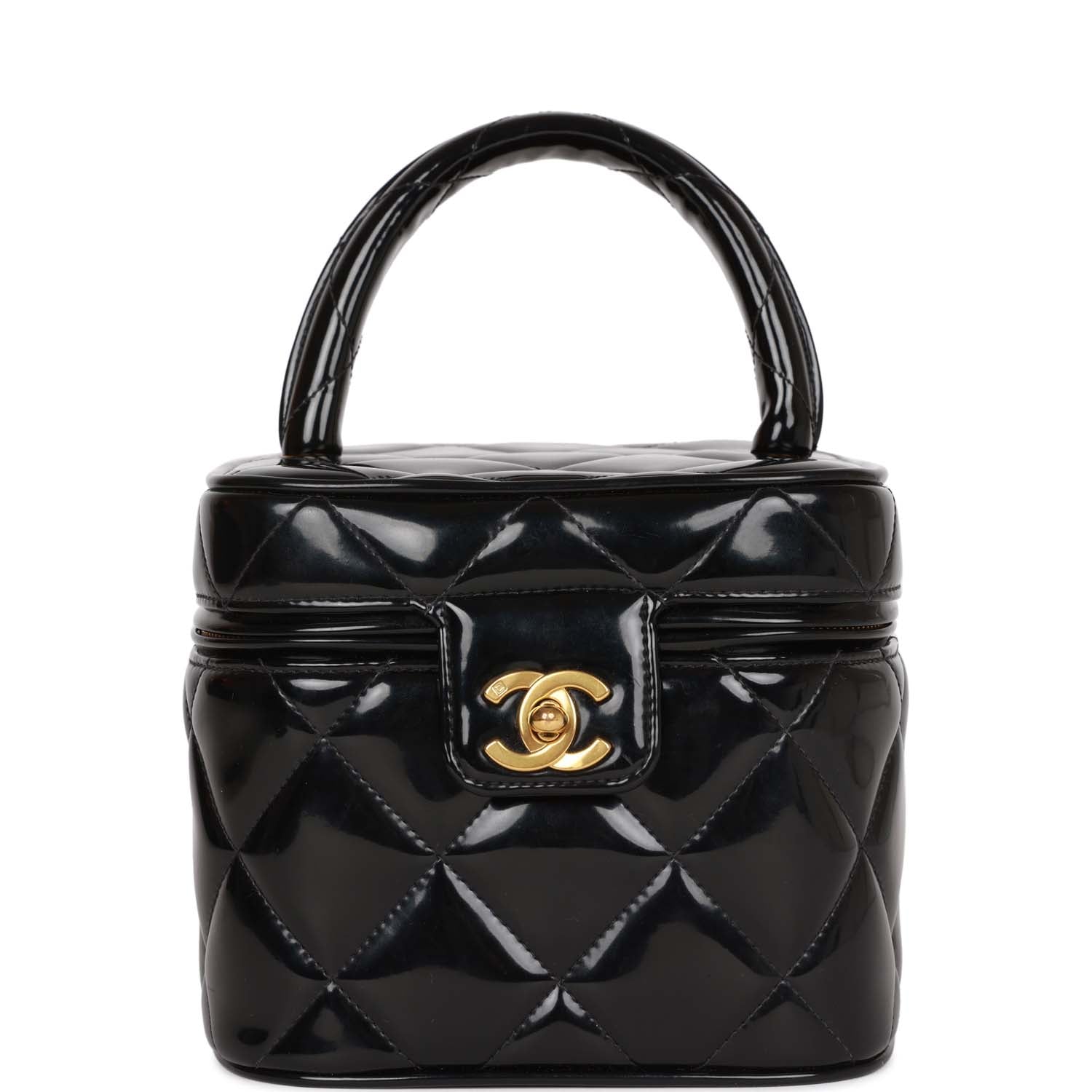 Chanel Vintage Vanity Heart Mirror Bag Black Patent Gold Hardware