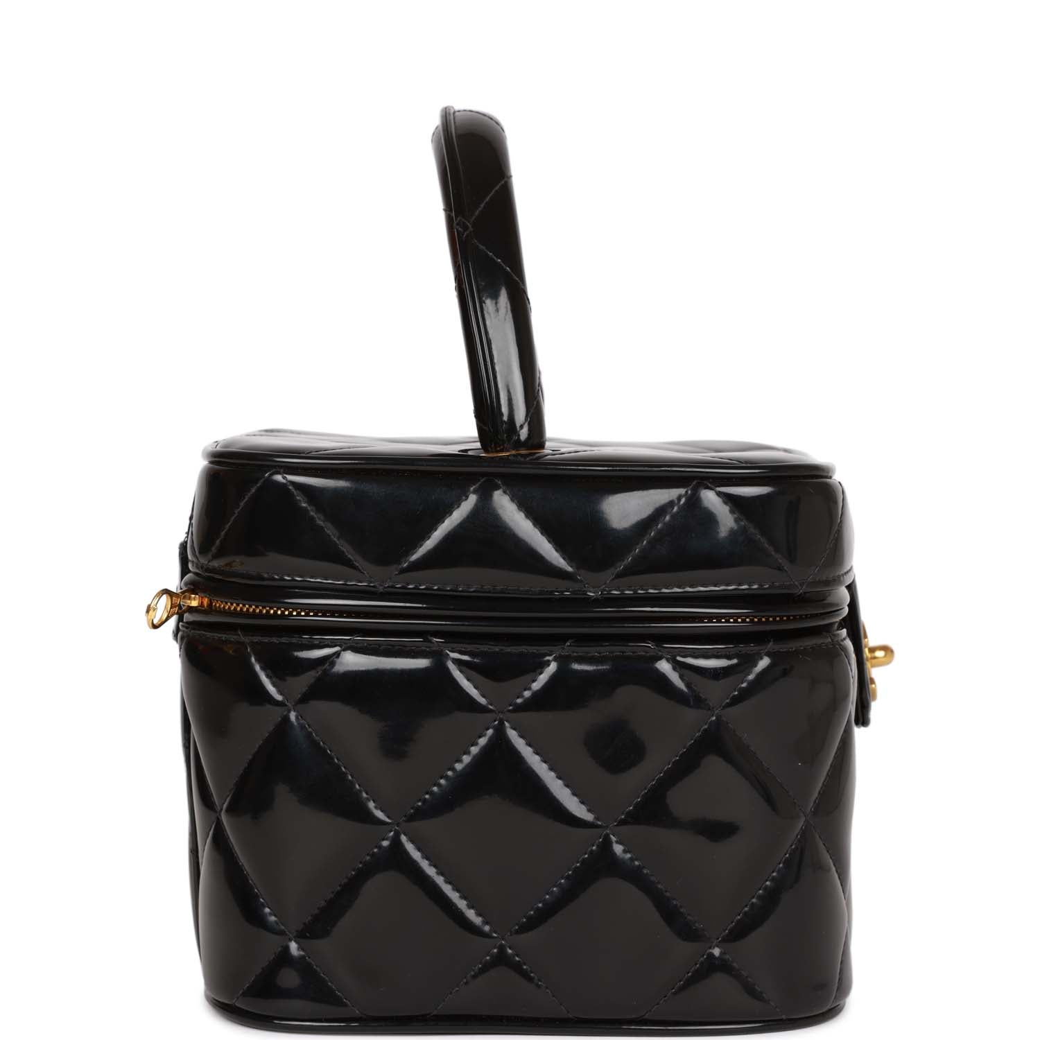 Chanel Vintage Vanity Heart Mirror Bag Black Patent Gold Hardware
