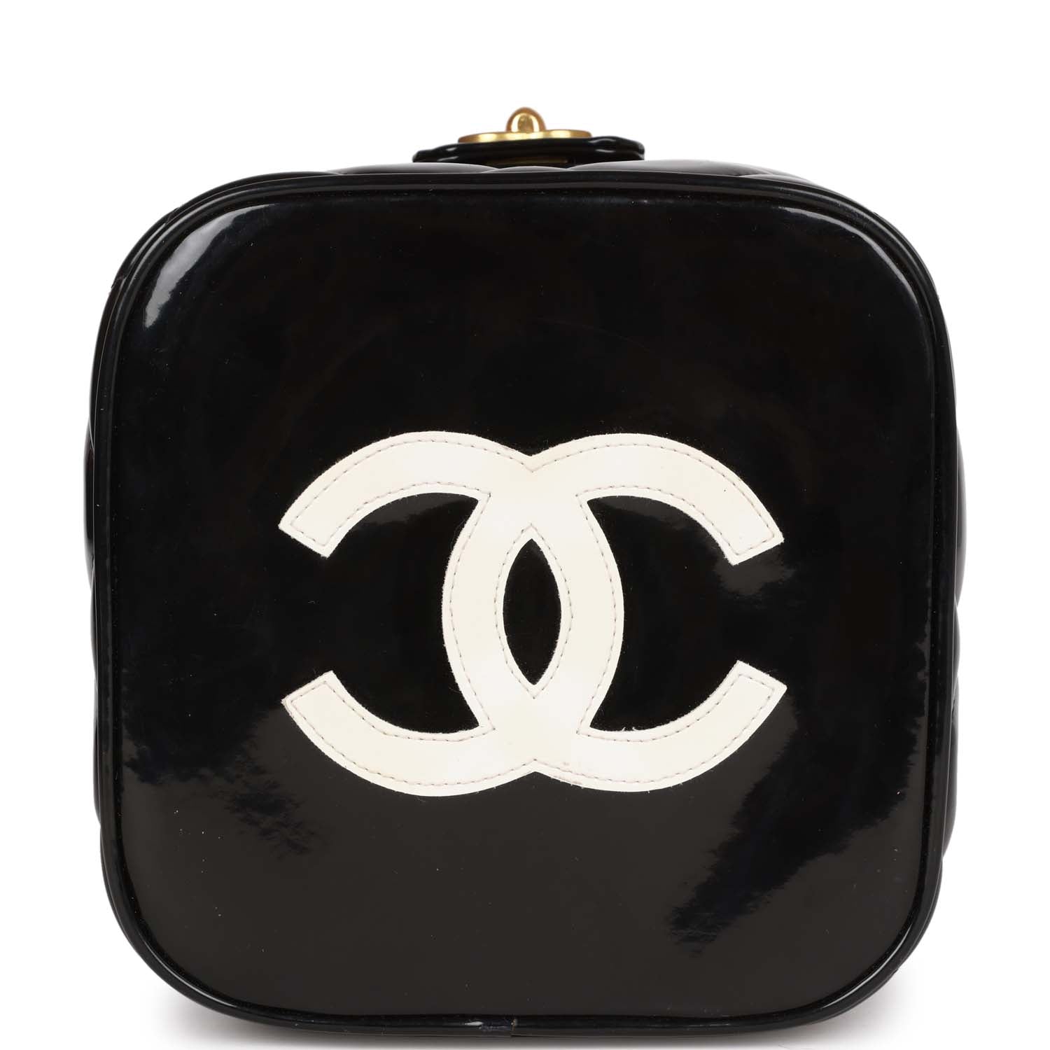Chanel Vintage Vanity Heart Mirror Bag Black Patent Gold Hardware