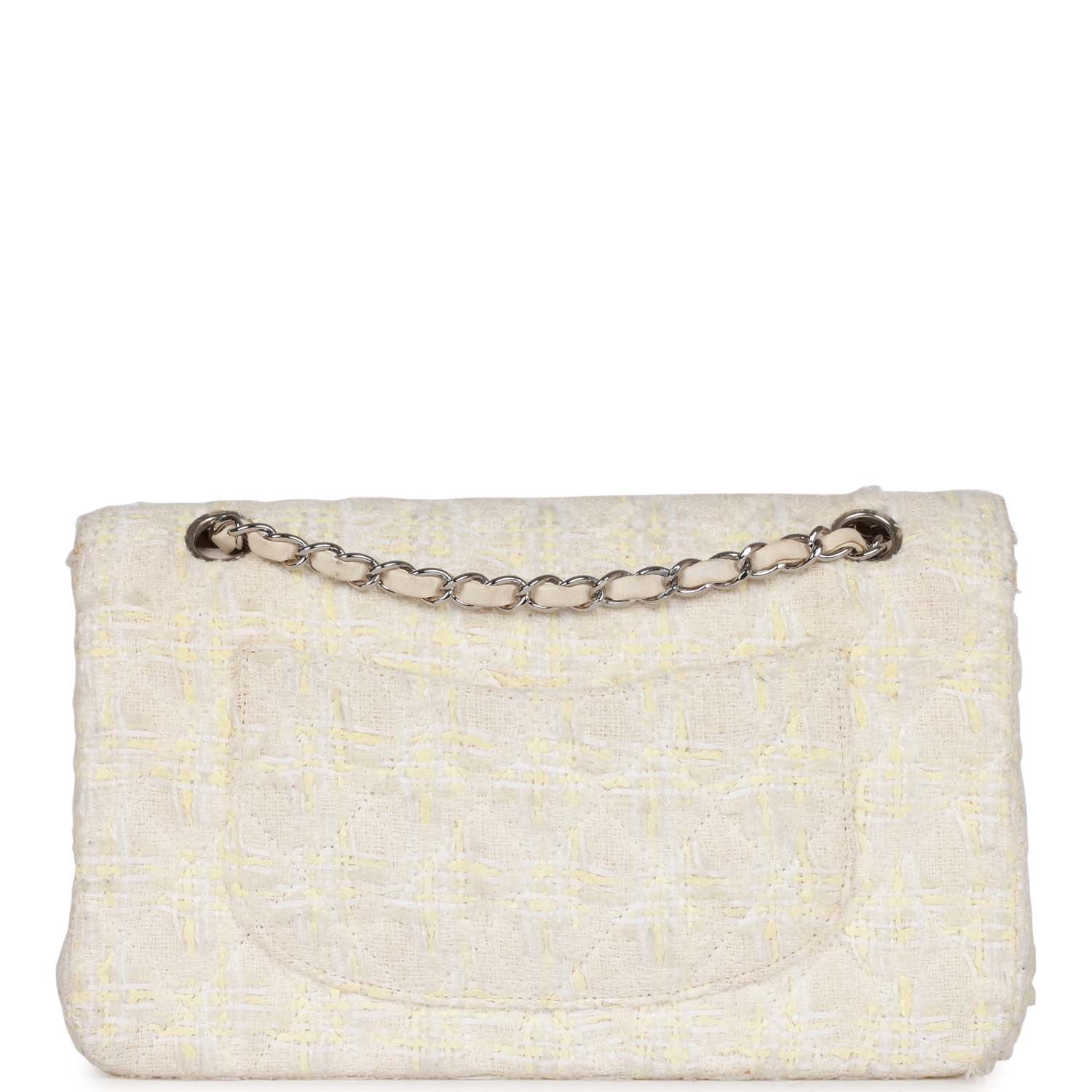 Chanel Vintage Medium Double Flap Bag White Tweed Silver Hardware