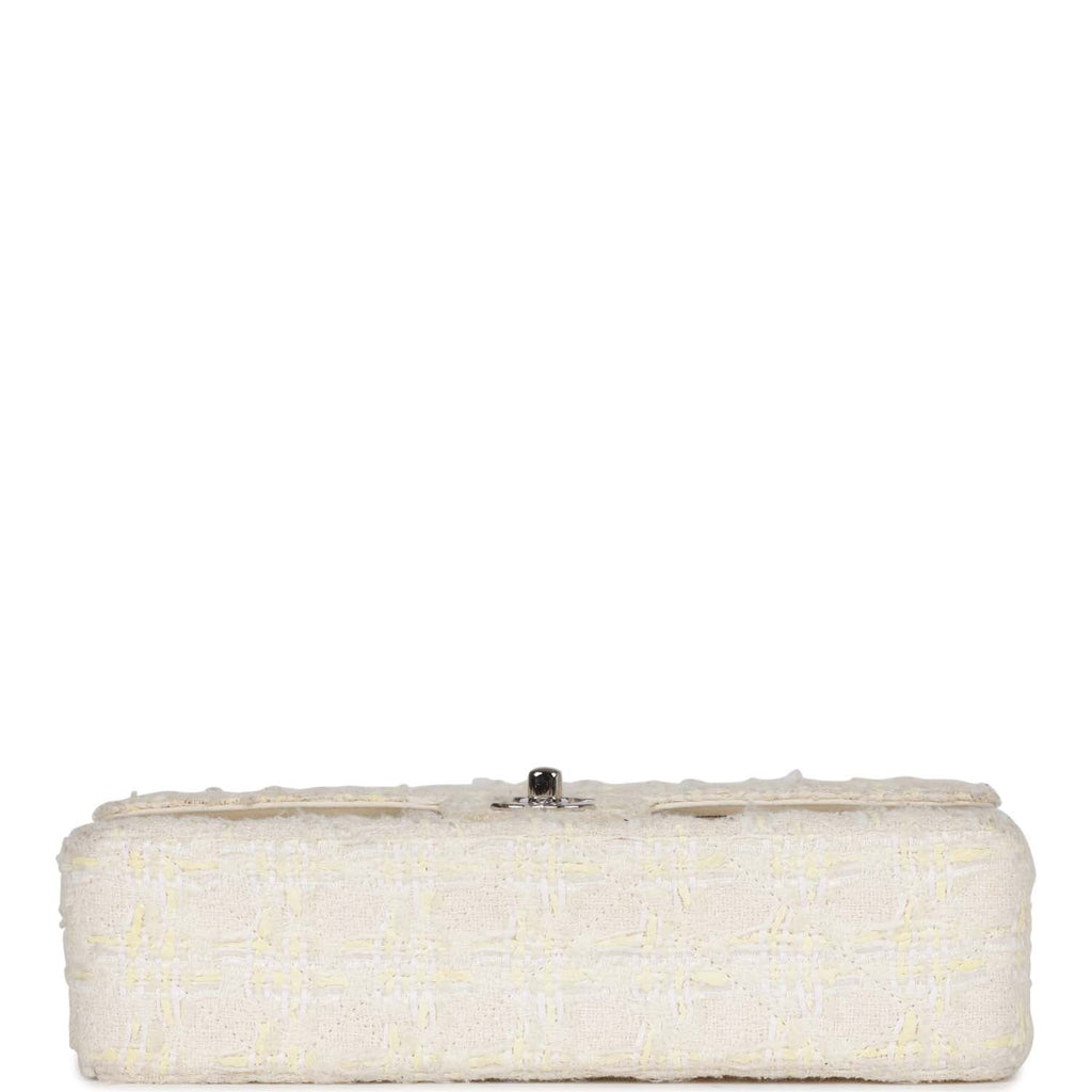 Chanel Vintage Medium Double Flap Bag White Tweed Silver Hardware