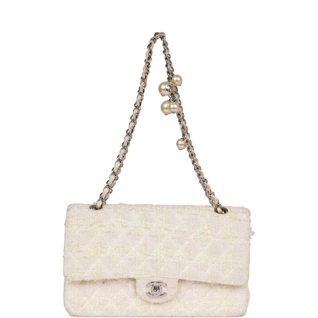 Chanel Vintage Medium Double Flap Bag White Tweed Silver Hardware