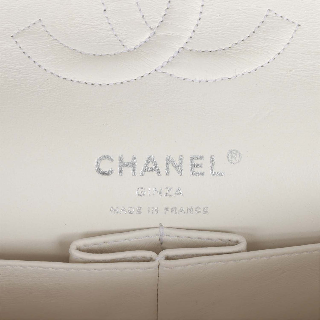 Chanel Vintage Medium Double Flap Bag White Tweed Silver Hardware