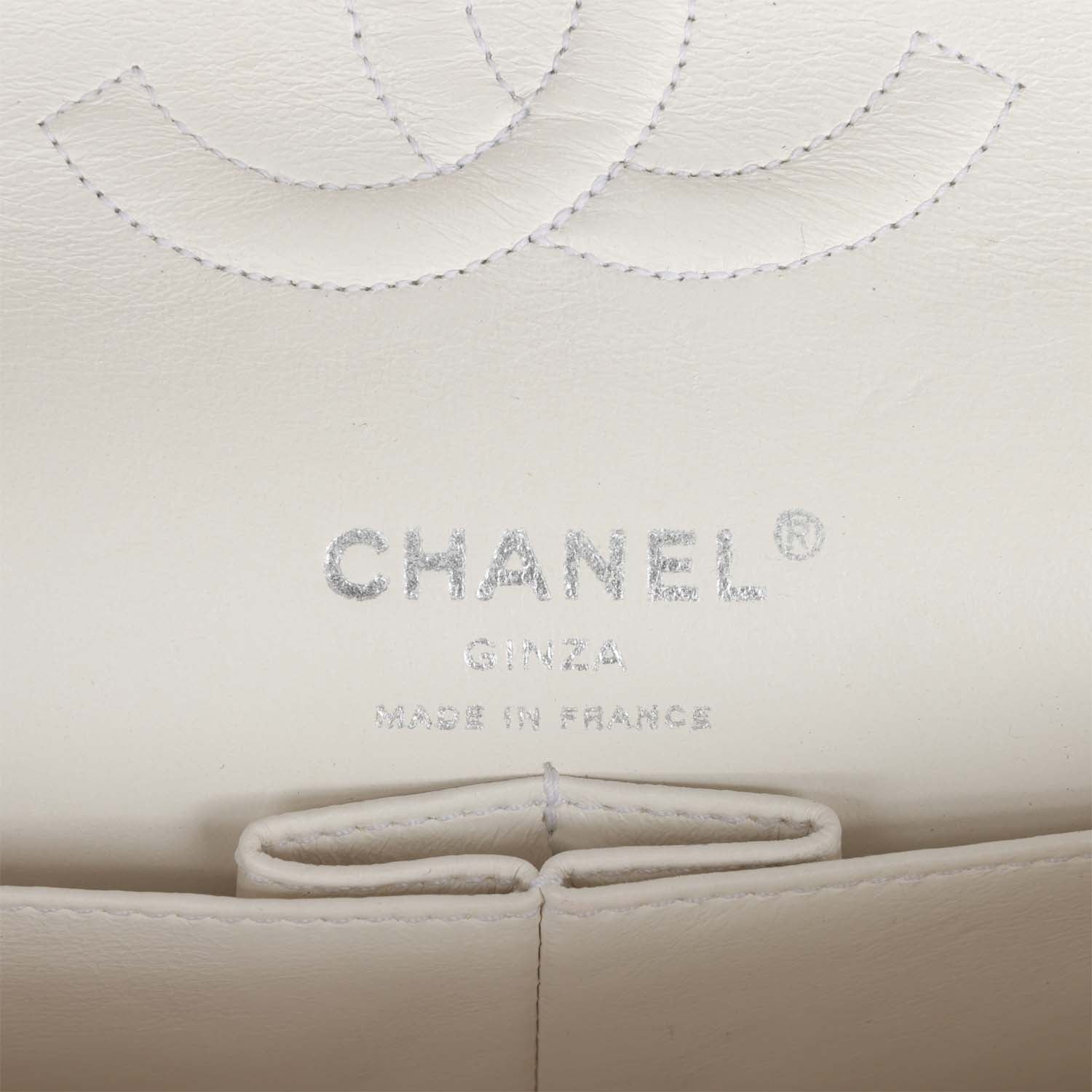 Chanel Vintage Medium Double Flap Bag White Tweed Silver Hardware
