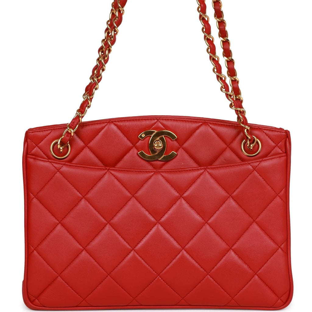 Chanel Vintage Mini Chain Tote Bag Red Lambskin Gold Hardware
