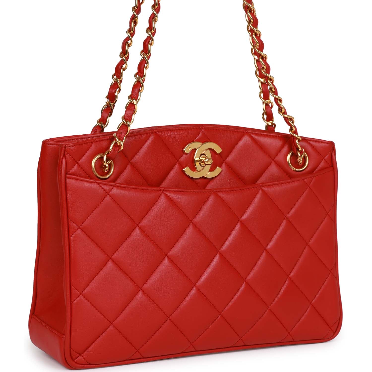Chanel Vintage Mini Chain Tote Bag Red Lambskin Gold Hardware