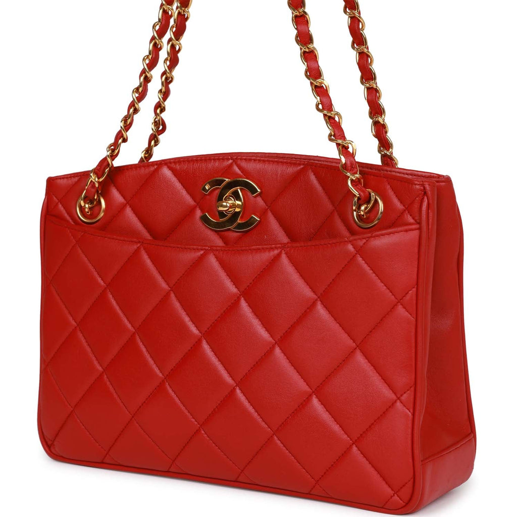 Chanel Vintage Mini Chain Tote Bag Red Lambskin Gold Hardware