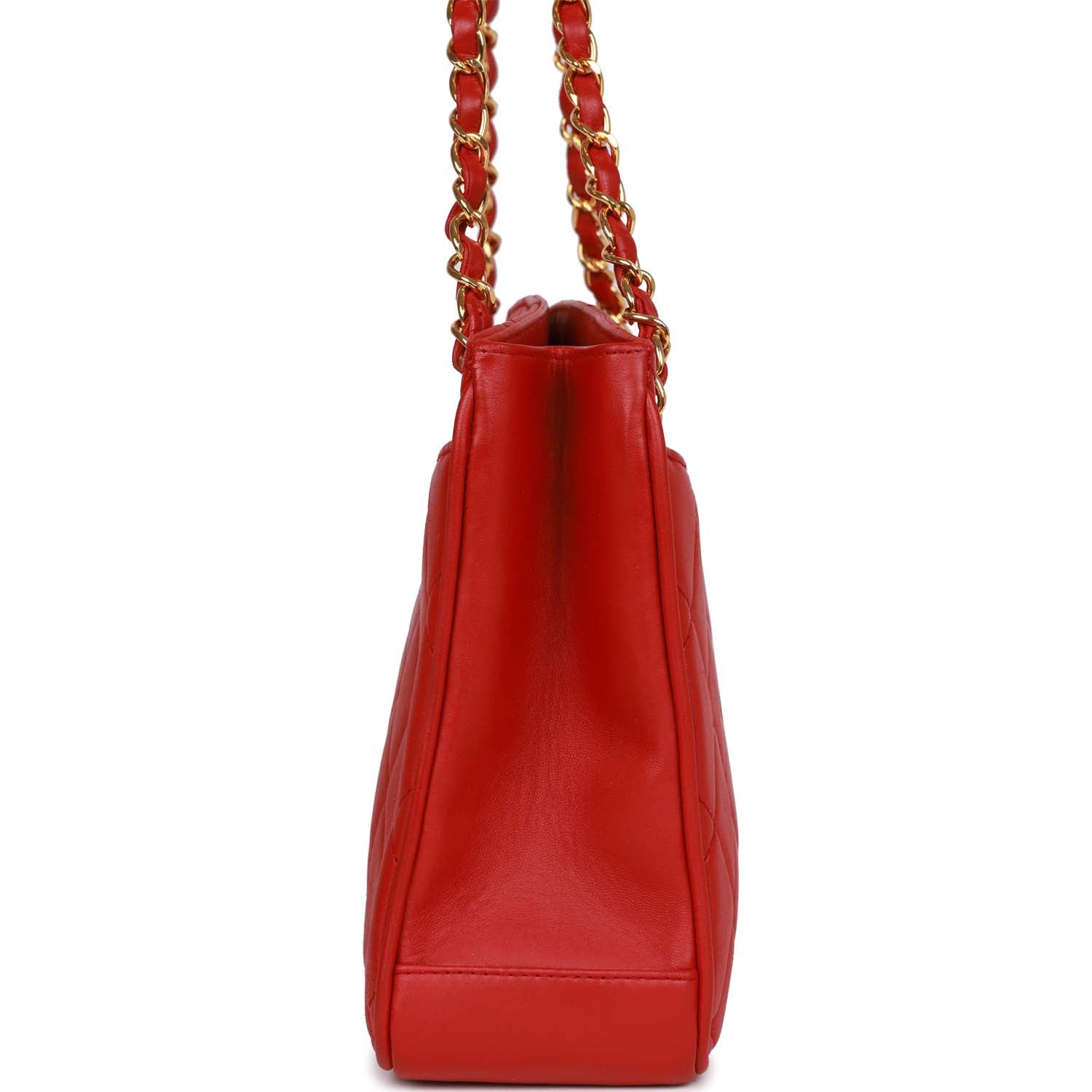 Chanel Vintage Mini Chain Tote Bag Red Lambskin Gold Hardware
