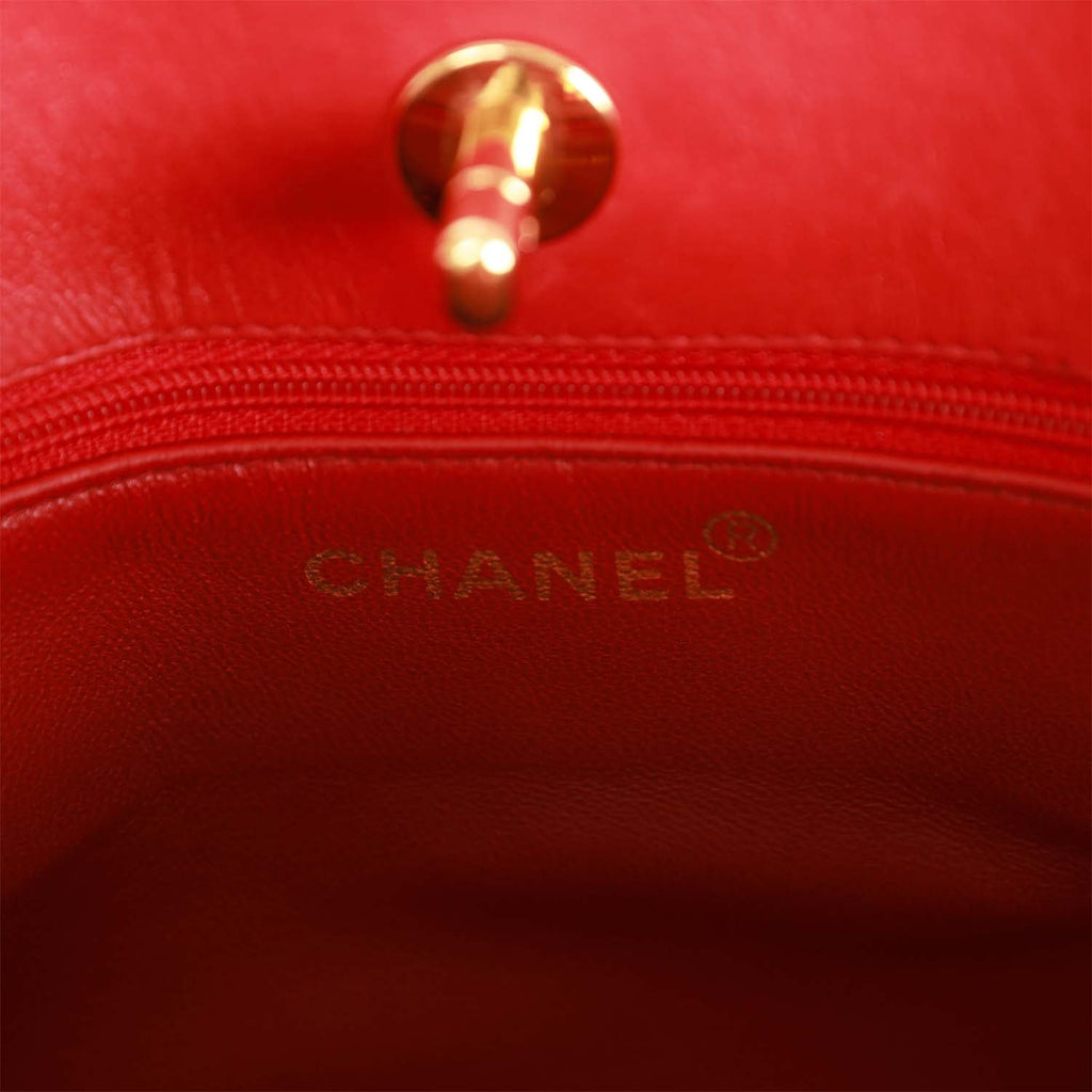 Chanel Vintage Mini Chain Tote Bag Red Lambskin Gold Hardware
