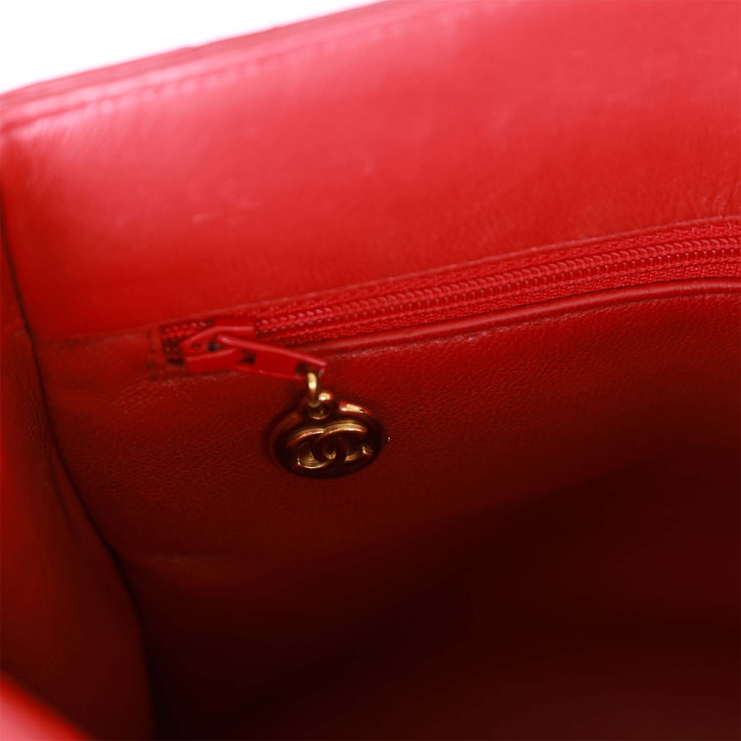 Chanel Vintage Mini Chain Tote Bag Red Lambskin Gold Hardware