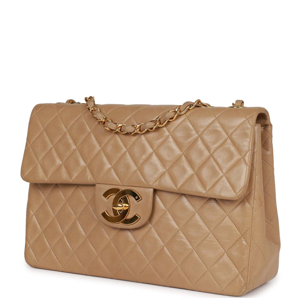 Chanel Vintage XL Maxi Flap Bag Beige Lambskin Gold Hardware