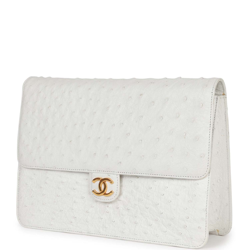 Chanel Vintage Single Flap Bag White Ostrich Gold Hardware