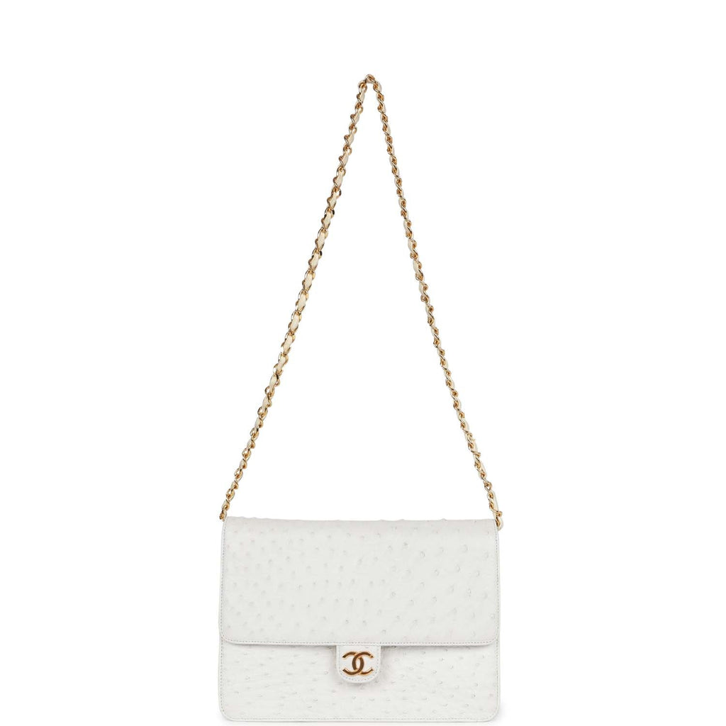 Chanel Vintage Single Flap Bag White Ostrich Gold Hardware