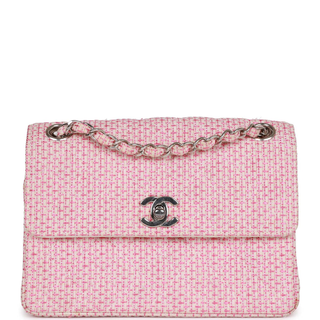 Chanel Vintage Classic Mini Flap Bag Pink Tweed Silver Hardware