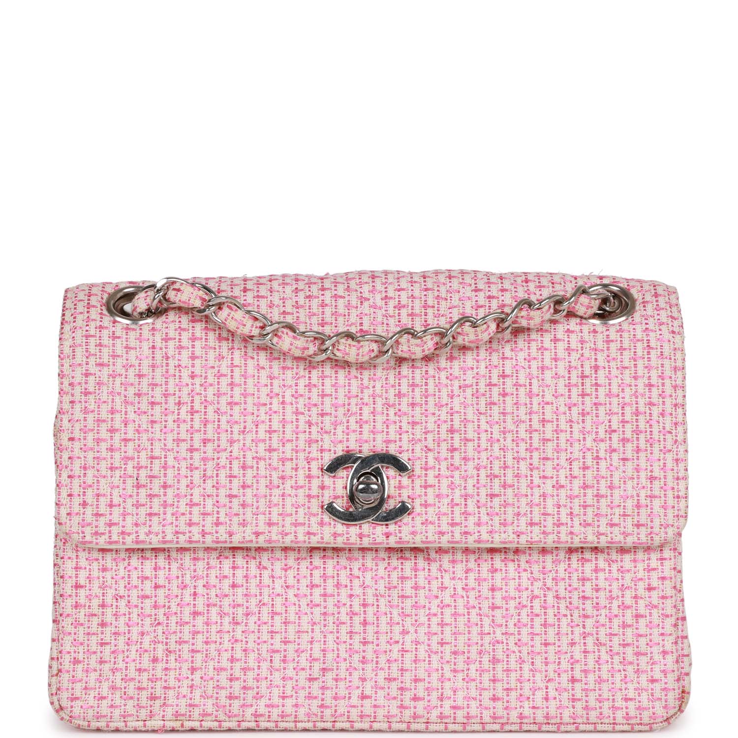 Chanel Vintage Classic Mini Flap Bag Pink Tweed Silver Hardware