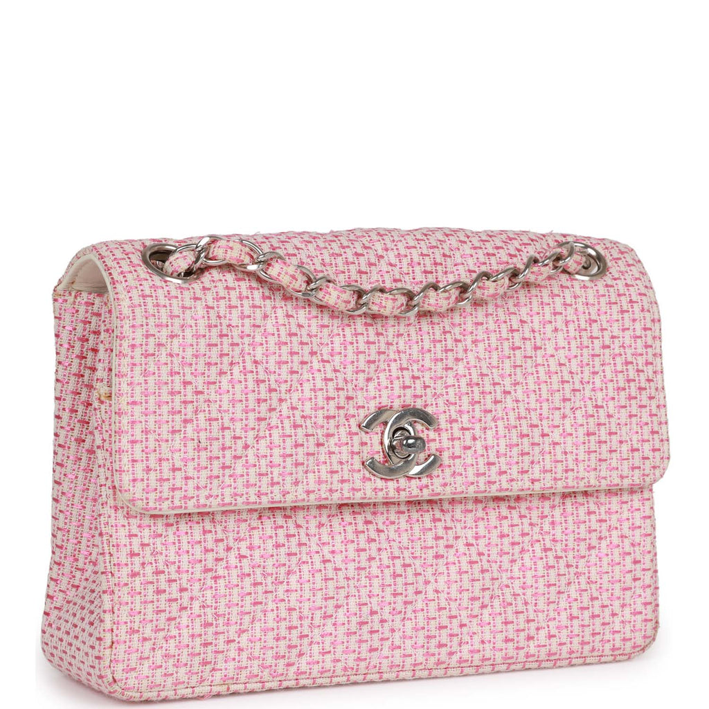 Chanel Vintage Classic Mini Flap Bag Pink Tweed Silver Hardware