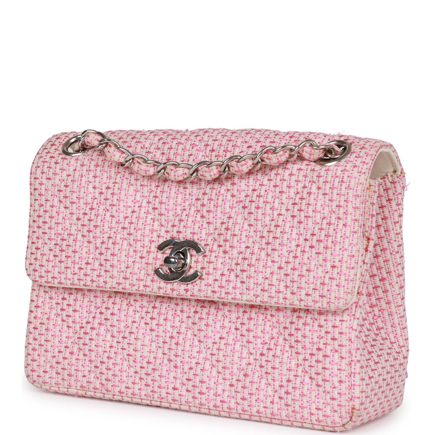 Chanel Vintage Classic Mini Flap Bag Pink Tweed Silver Hardware
