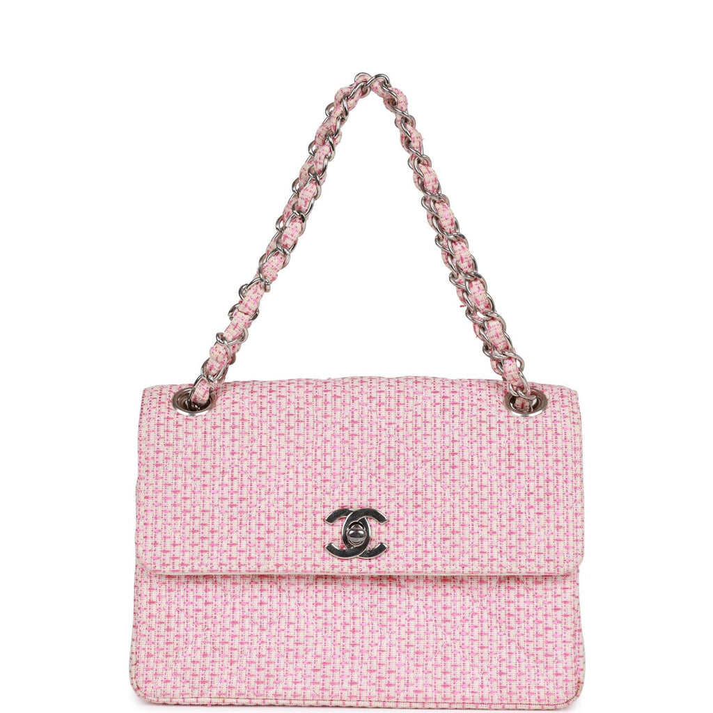 Chanel Vintage Classic Mini Flap Bag Pink Tweed Silver Hardware