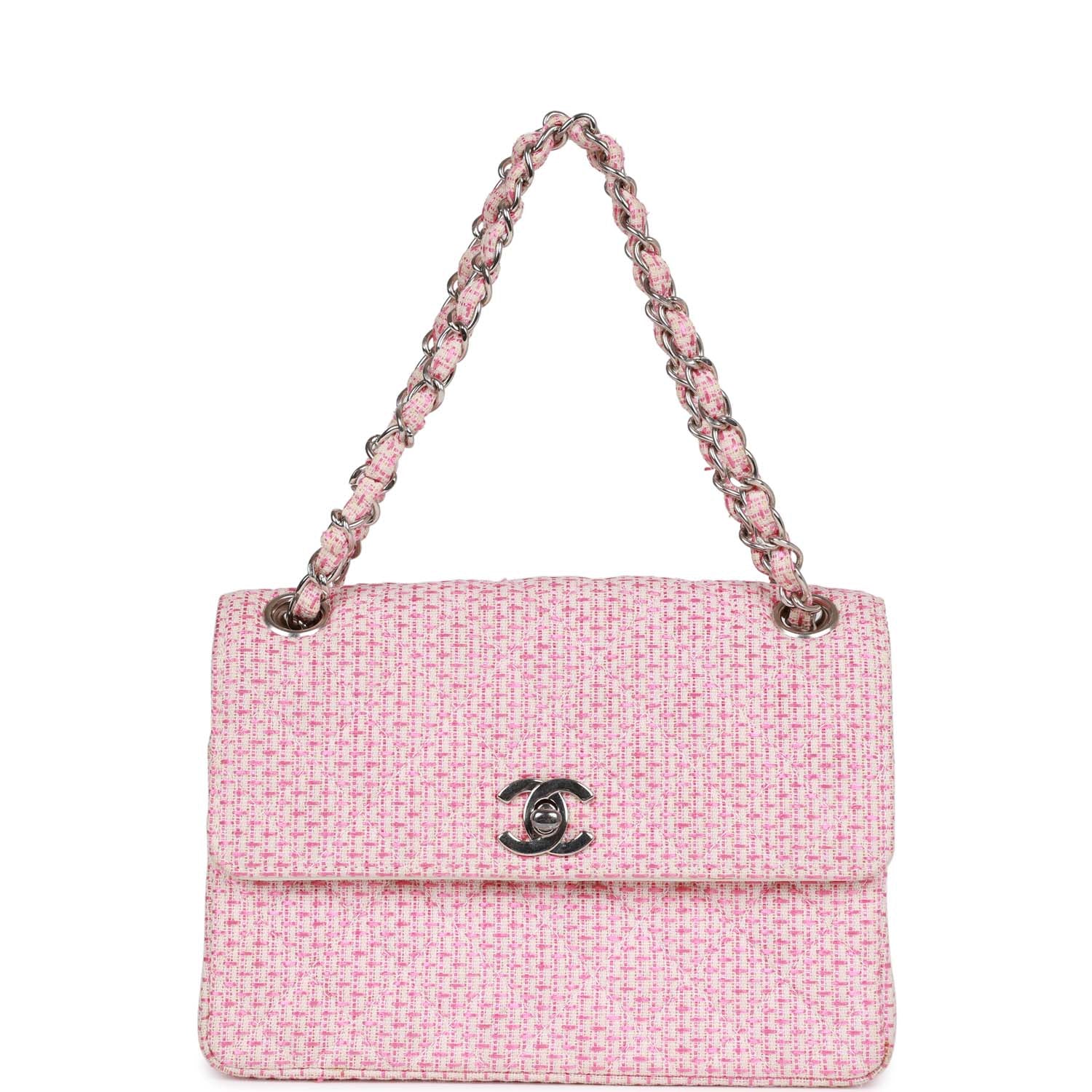 Chanel Vintage Classic Mini Flap Bag Pink Tweed Silver Hardware