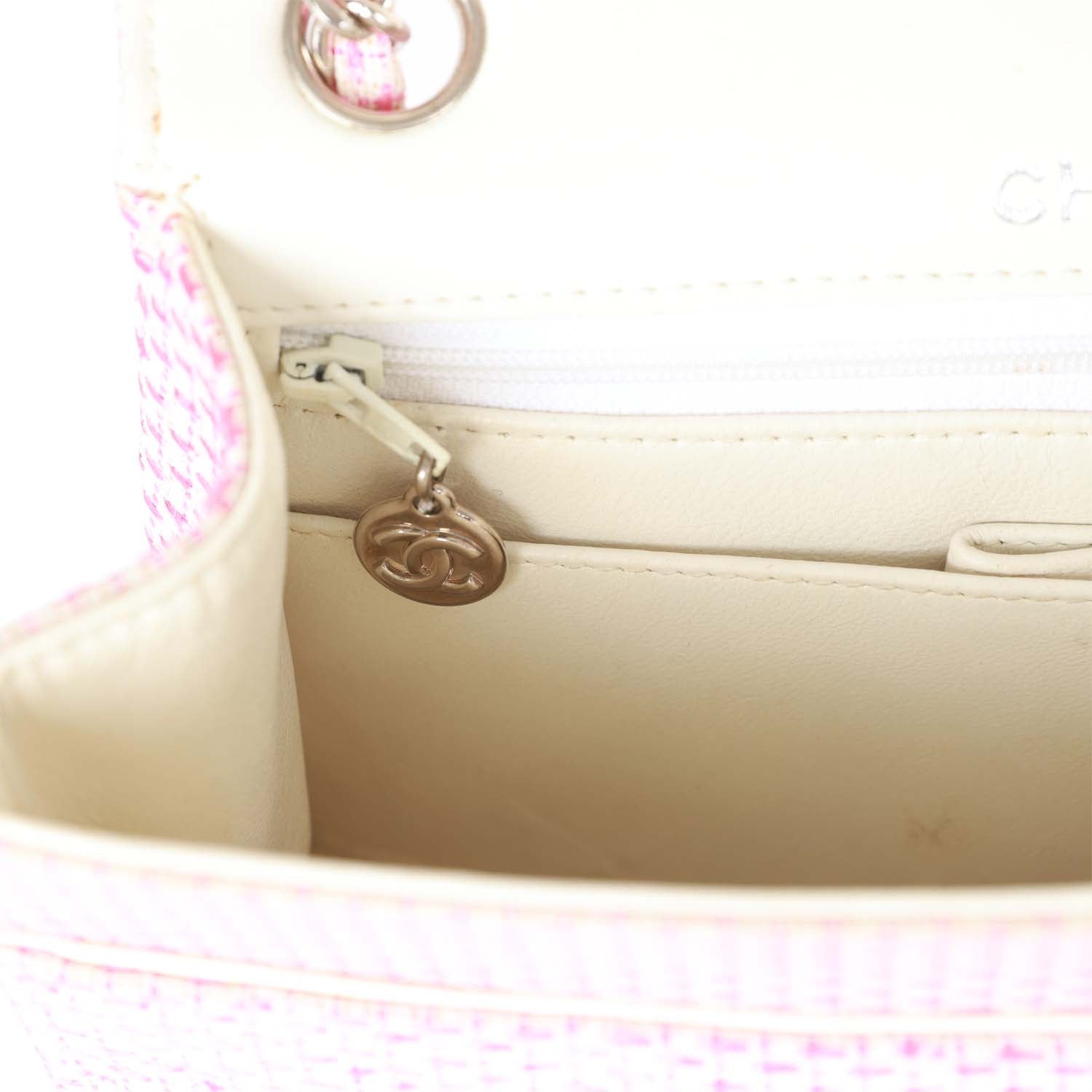 Chanel Vintage Classic Mini Flap Bag Pink Tweed Silver Hardware