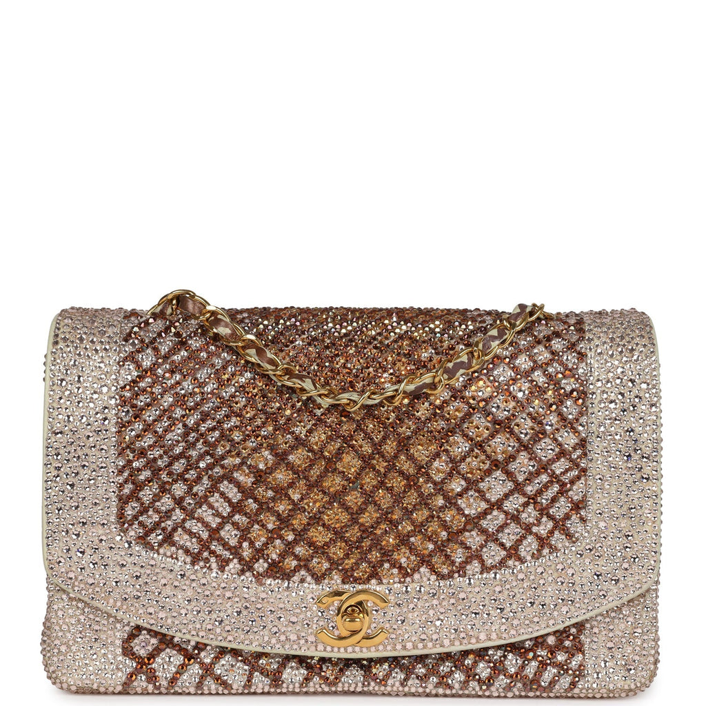 Custom Swarovski Crystal Chanel Vintage Medium Diana Flap Bag Beige Lambskin Gold Hardware