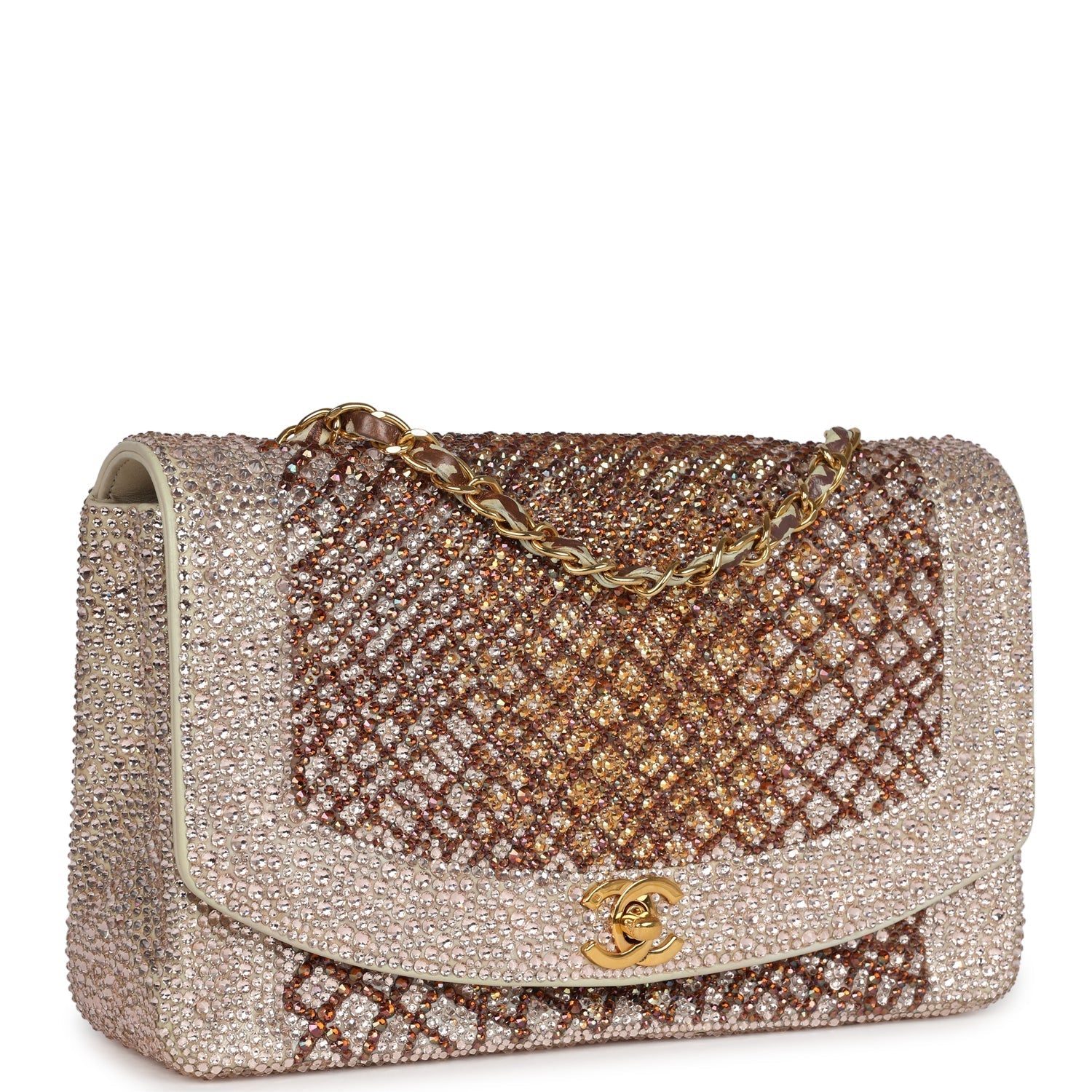 Custom Swarovski Crystal Chanel Vintage Medium Diana Flap Bag Beige Lambskin Gold Hardware