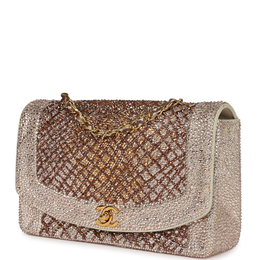 Custom Swarovski Crystal Chanel Vintage Medium Diana Flap Bag Beige Lambskin Gold Hardware