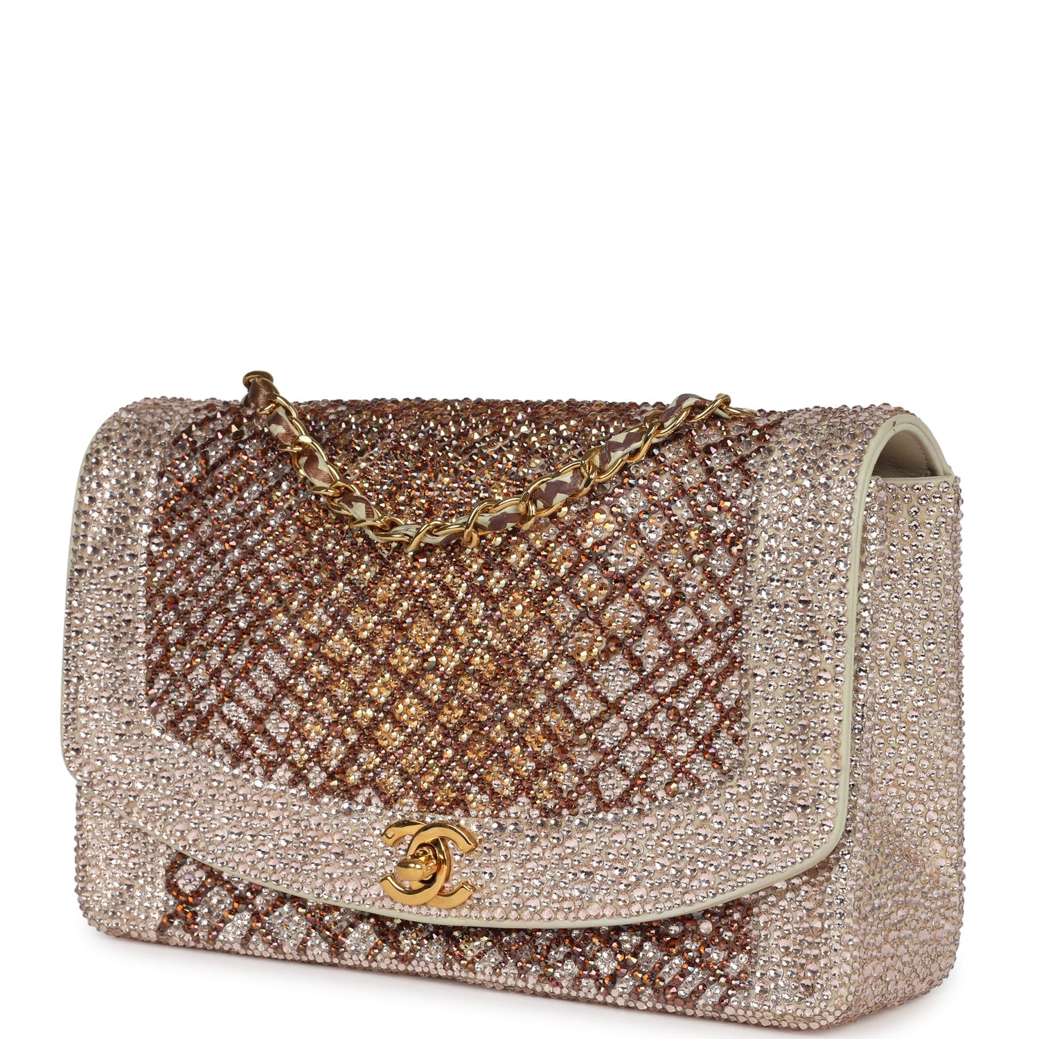 Custom Swarovski Crystal Chanel Vintage Medium Diana Flap Bag Beige Lambskin Gold Hardware