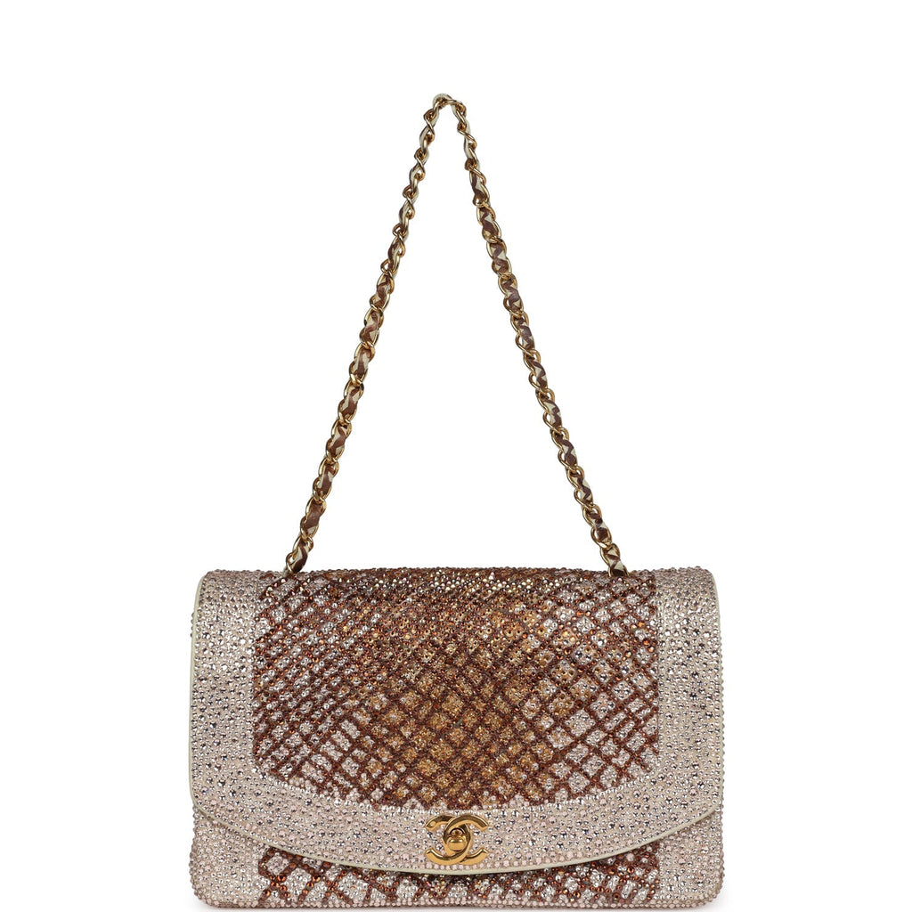 Custom Swarovski Crystal Chanel Vintage Medium Diana Flap Bag Beige Lambskin Gold Hardware