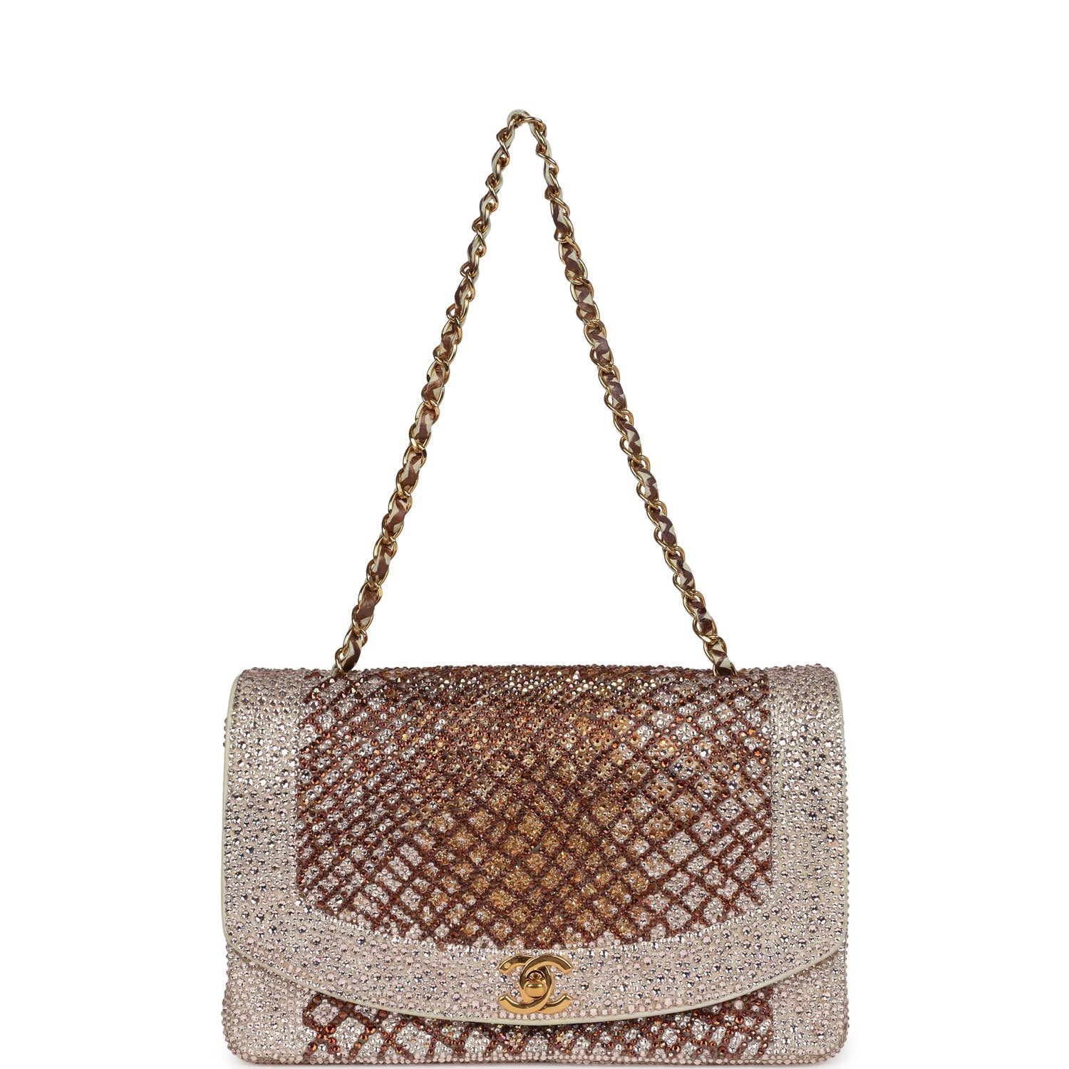 Custom Swarovski Crystal Chanel Vintage Medium Diana Flap Bag Beige Lambskin Gold Hardware