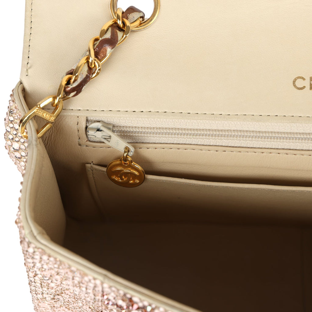 Custom Swarovski Crystal Chanel Vintage Medium Diana Flap Bag Beige Lambskin Gold Hardware