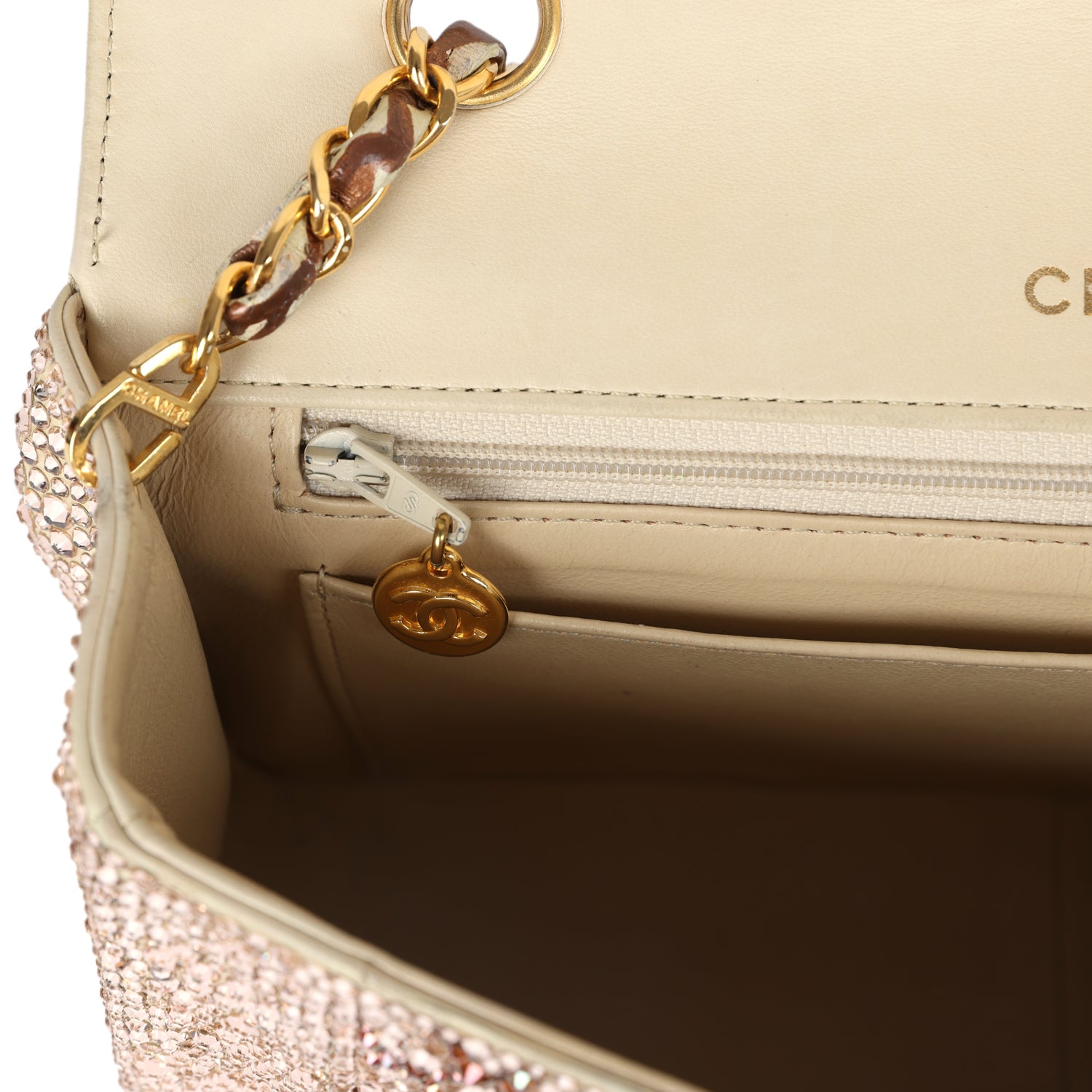 Custom Swarovski Crystal Chanel Vintage Medium Diana Flap Bag Beige Lambskin Gold Hardware