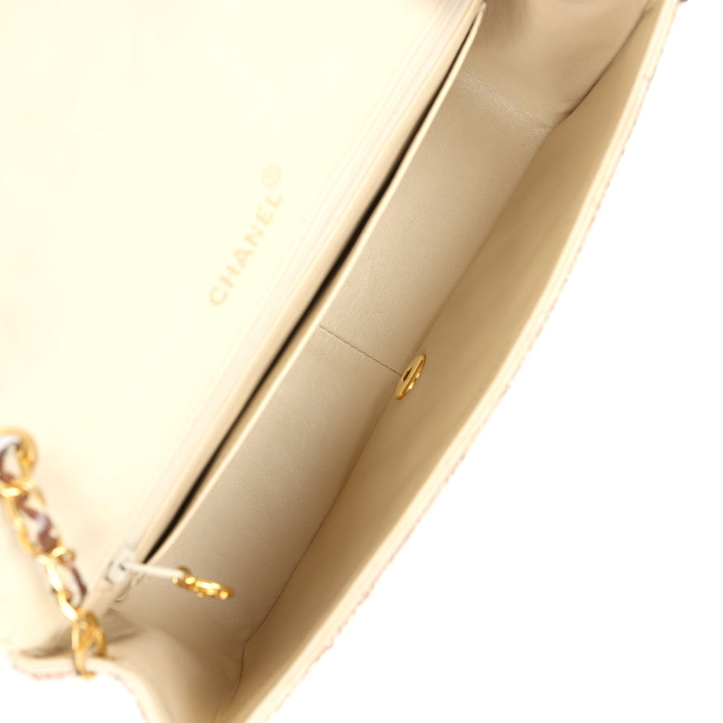 Custom Swarovski Crystal Chanel Vintage Medium Diana Flap Bag Beige Lambskin Gold Hardware