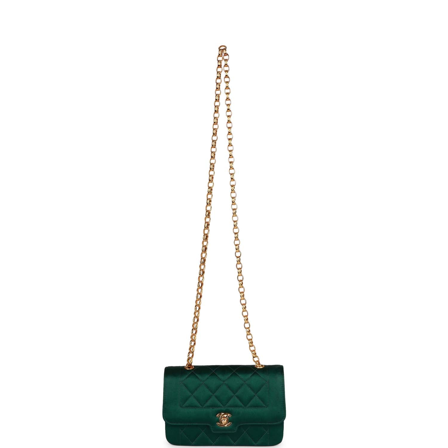 Chanel Vintage Mini Flap Bag Green Satin Gold Hardware