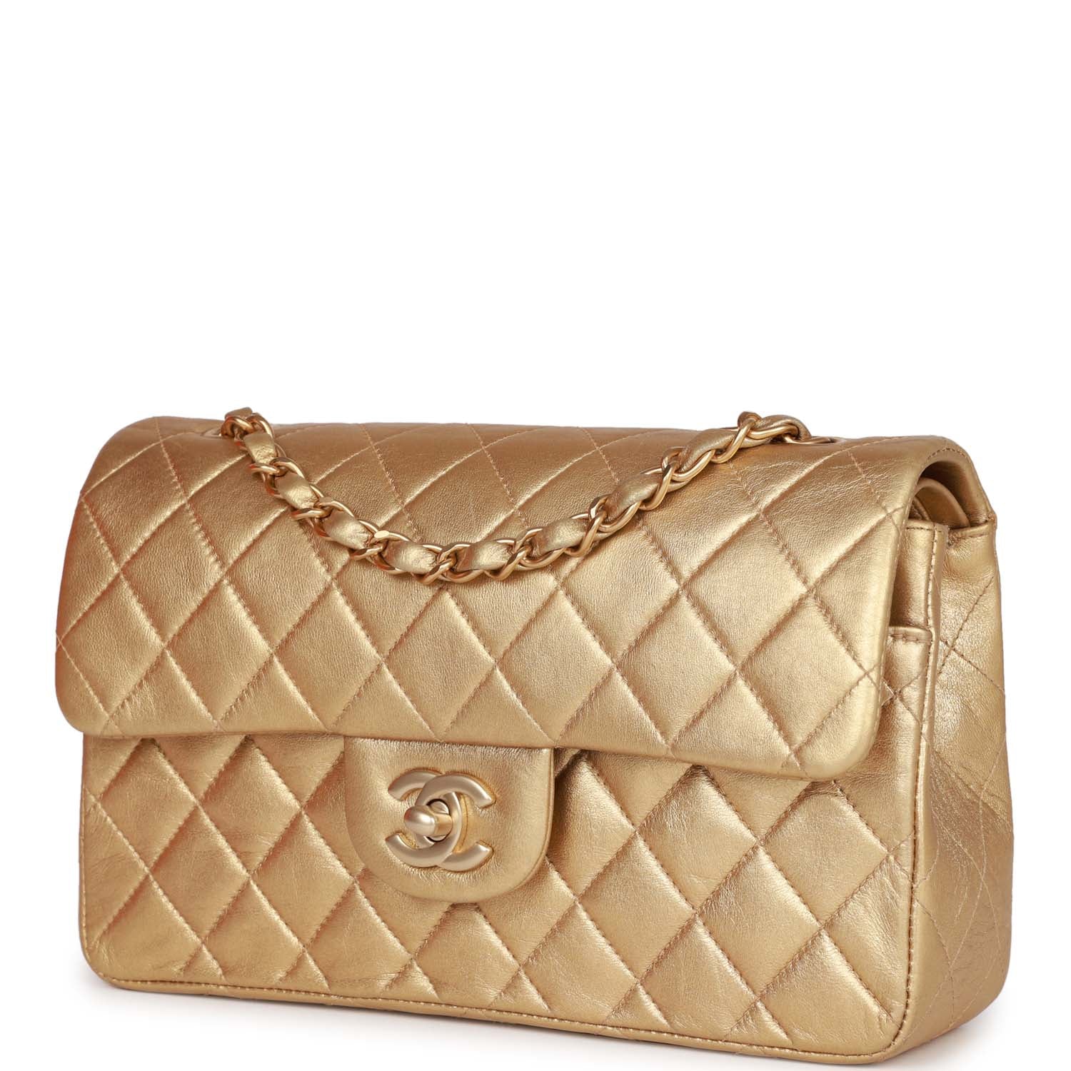 Chanel Vintage Small Classic Double Flap Bag Gold Metallic Lambskin Gold Hardware