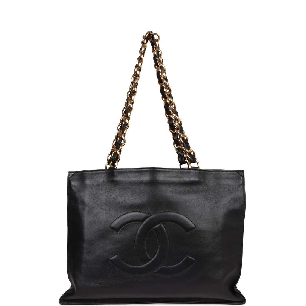 Chanel Vintage CC Chain Shopping Tote Bag Black Lambskin Gold Hardware