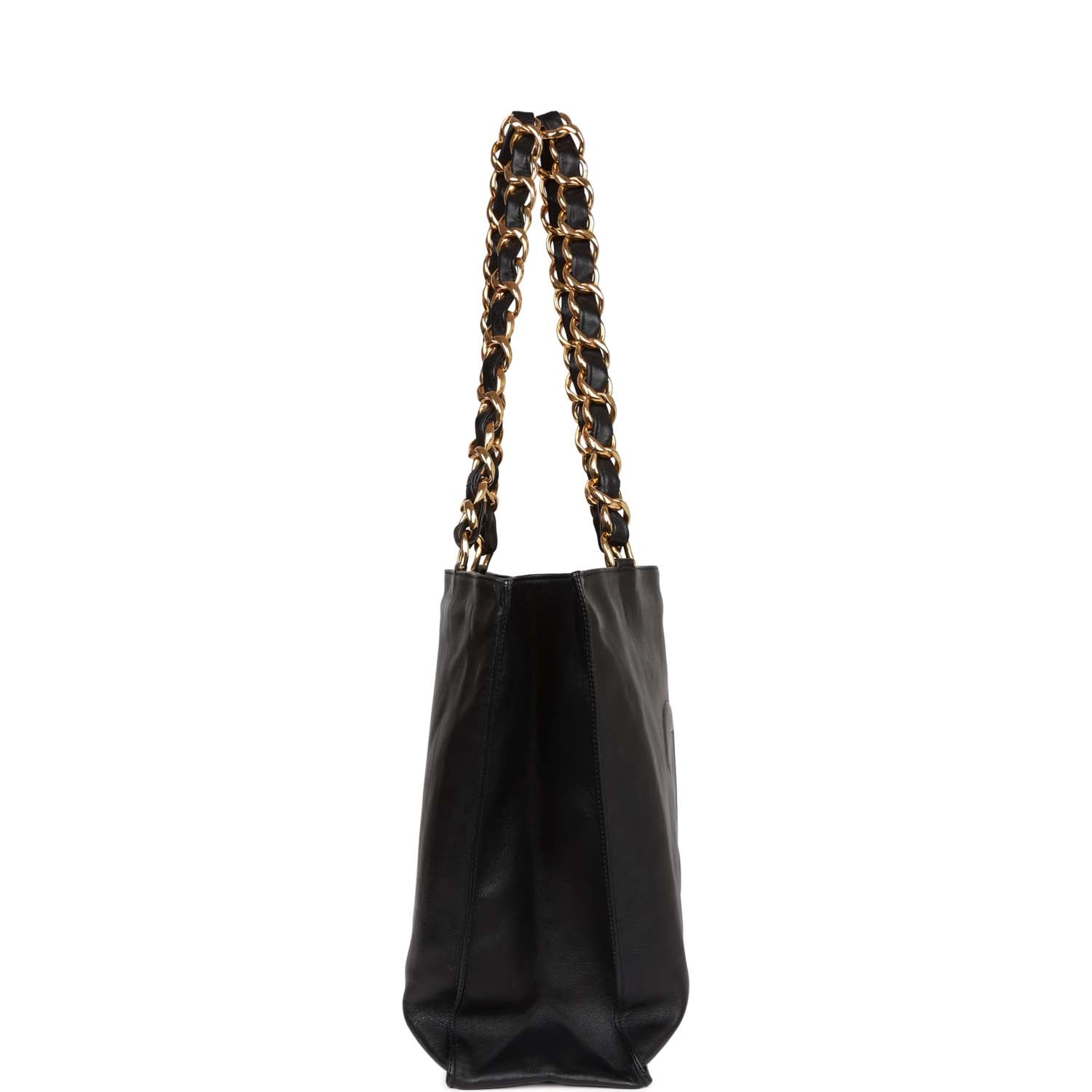 Chanel Vintage CC Chain Shopping Tote Bag Black Lambskin Gold Hardware