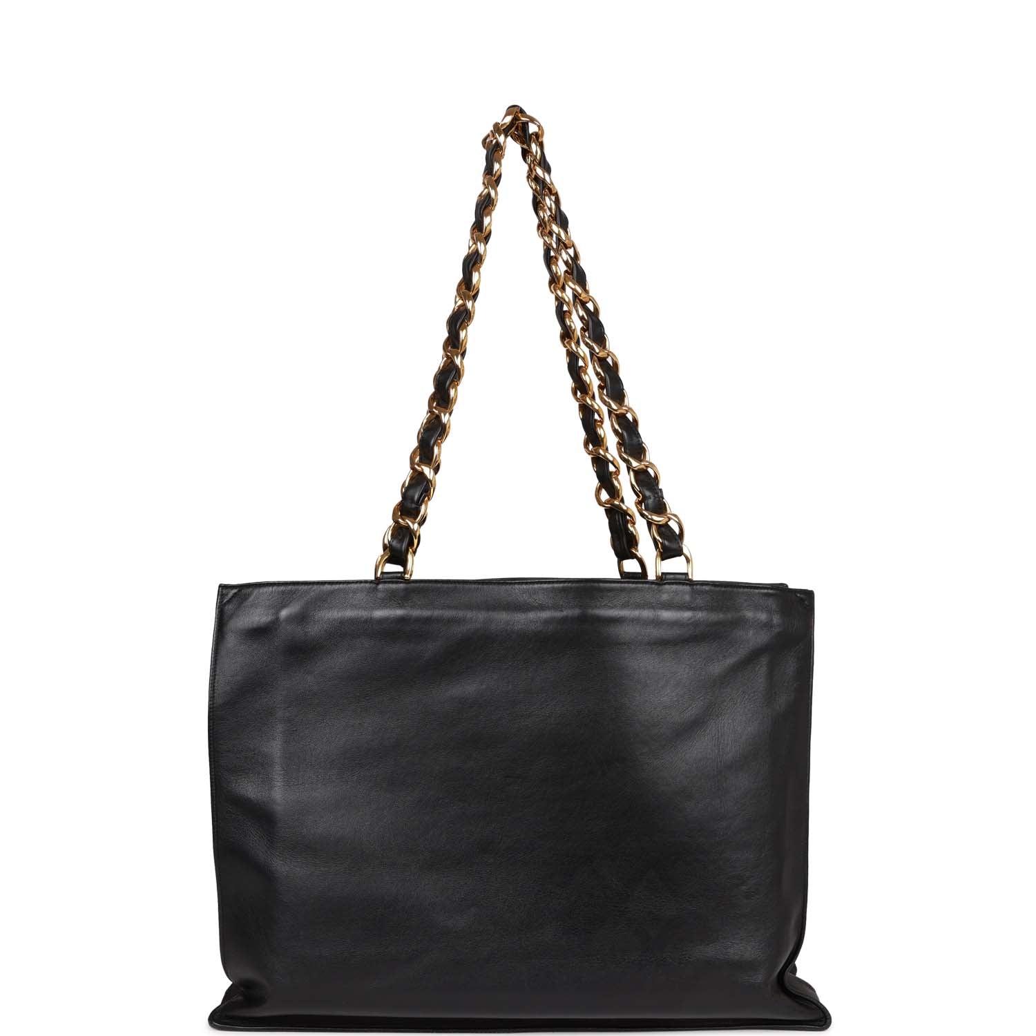 Chanel Vintage CC Chain Shopping Tote Bag Black Lambskin Gold Hardware