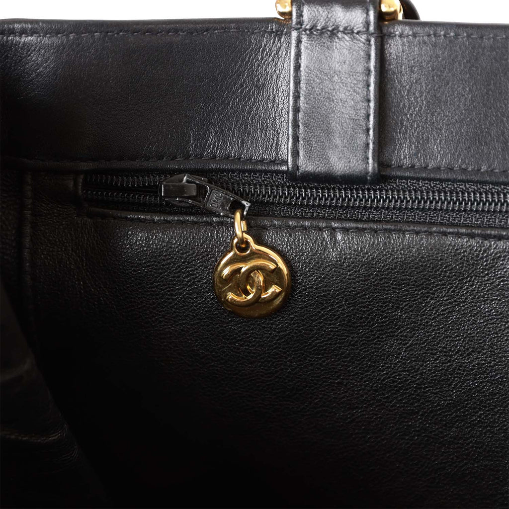 Chanel Vintage CC Chain Shopping Tote Bag Black Lambskin Gold Hardware