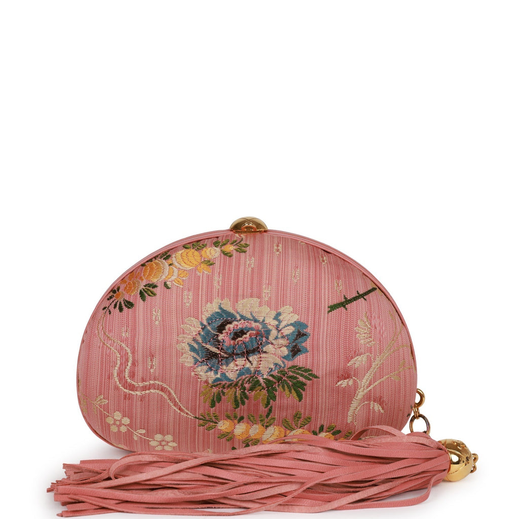 Chanel Vintage Timeless Clutch Rose Pink Brocade Silk Gold Hardware