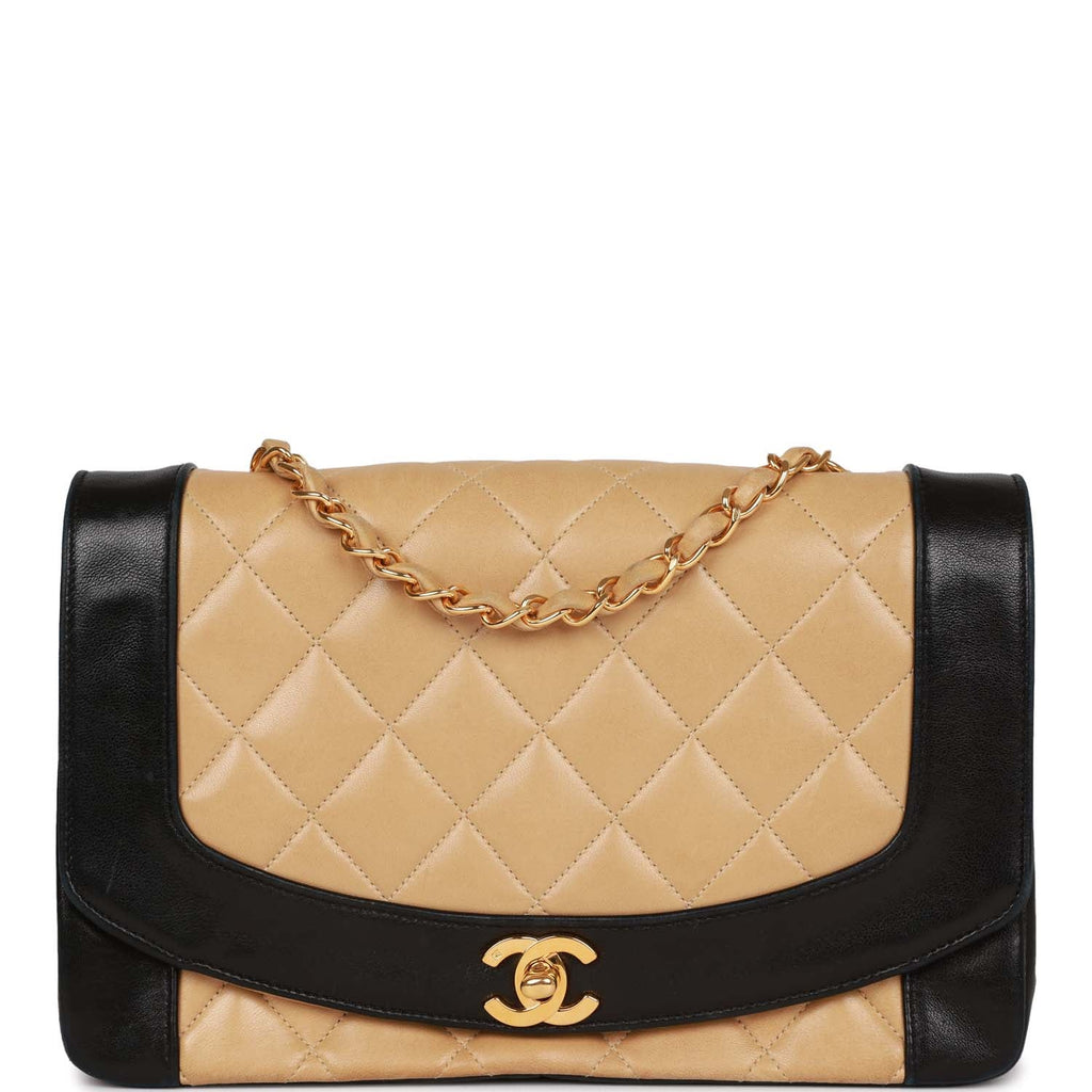 Chanel Vintage Medium Diana Flap Bag Black and Beige Lambskin Gold Hardware