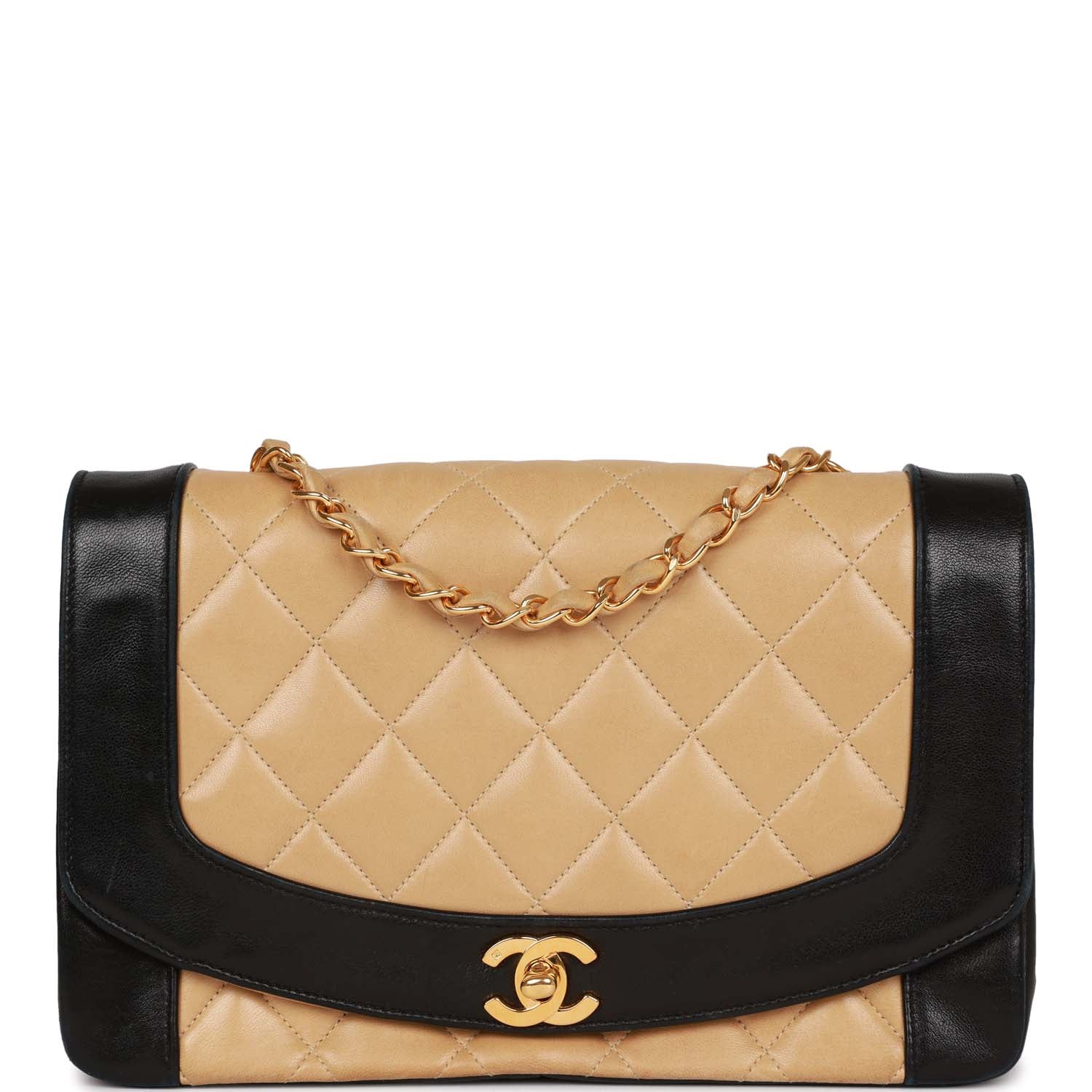 Chanel Vintage Medium Diana Flap Bag Black and Beige Lambskin Gold Hardware
