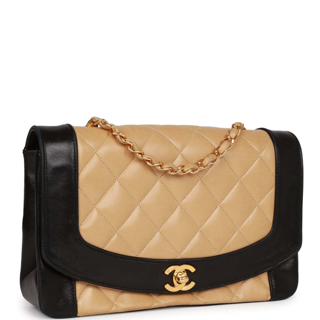 Chanel Vintage Medium Diana Flap Bag Black and Beige Lambskin Gold Hardware