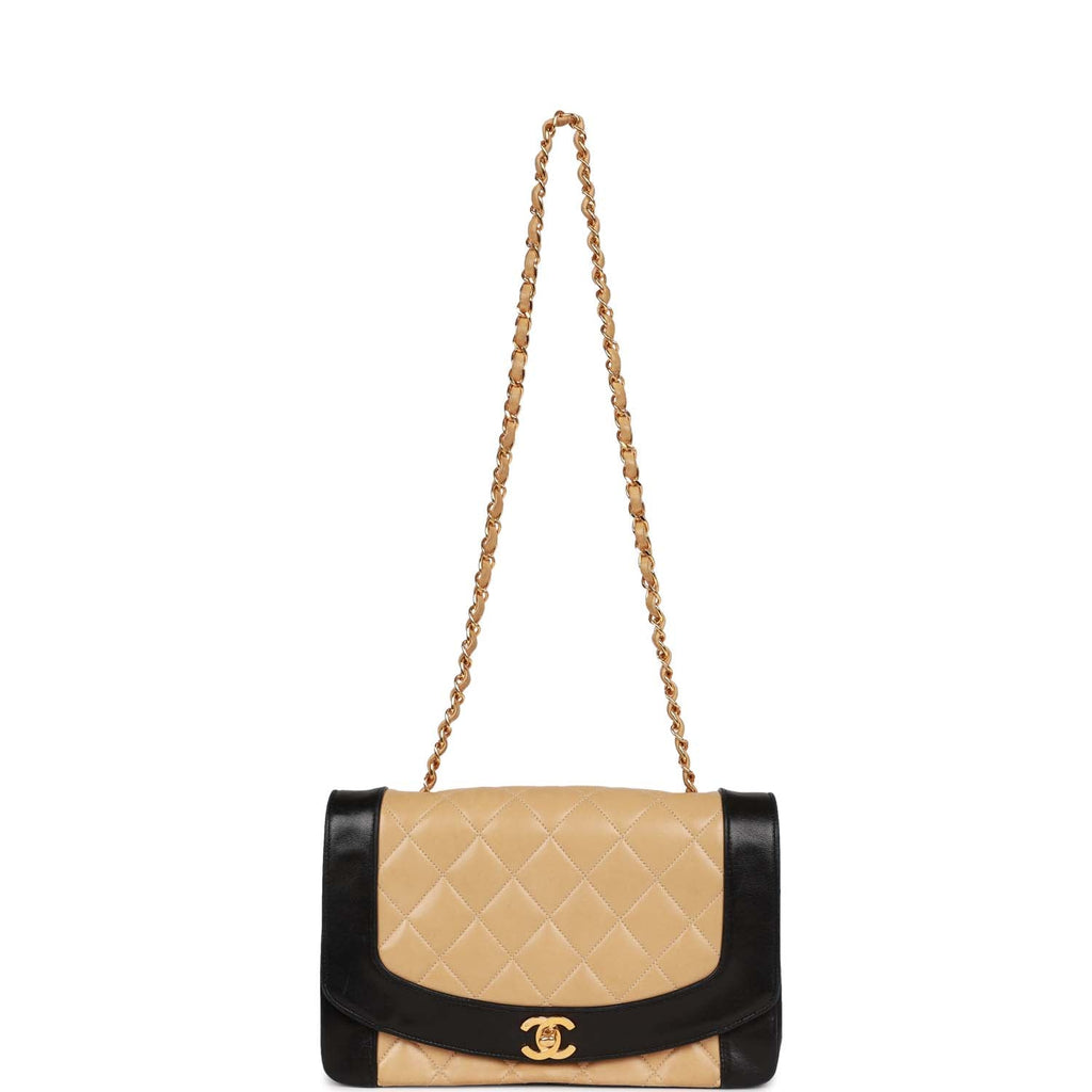 Chanel Vintage Medium Diana Flap Bag Black and Beige Lambskin Gold Hardware