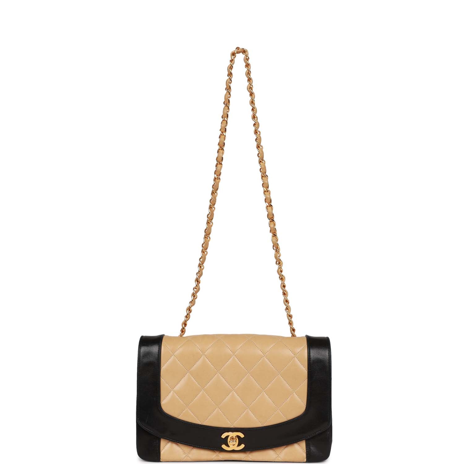 Chanel Vintage Medium Diana Flap Bag Black and Beige Lambskin Gold Hardware