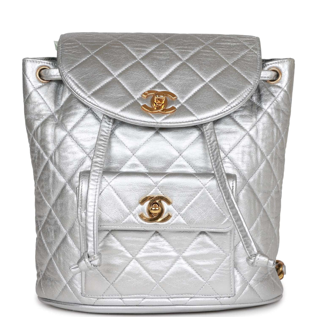 Chanel Vintage Duma Backpack Silver Metallic Lambskin Gold Hardware
