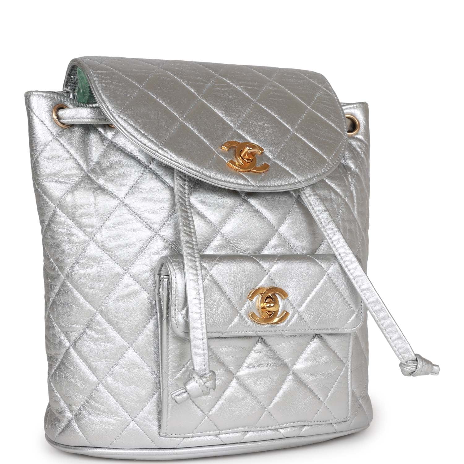 Chanel Vintage Duma Backpack Silver Metallic Lambskin Gold Hardware