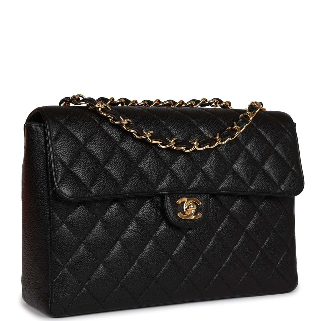 Chanel Vintage Jumbo Classic Single Flap Bag Black Caviar Gold Hardware